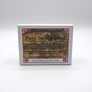 May include: White box with red and gold Chinese-style design. The box contains 20 premium incense cones. The text on the box reads "Nectar Cloud Incense Pure Sandalwood. Highly aromatic blend of premium sandalwood creates a peaceful atmosphere for meditation, yoga, and spiritual rituals. Ingredients: Sandalwood (Santalum album) & Makko (Pterocarpus thunbergii) (binder). 100% Natural Handcrafted in Oregon, USA. 20 Premium Incense Cones"