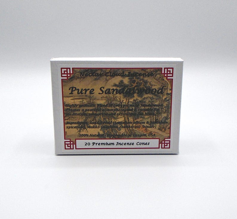 May include: White box with red and gold Chinese-style design. The box contains 20 premium incense cones. The text on the box reads "Nectar Cloud Incense Pure Sandalwood. Highly aromatic blend of premium sandalwood creates a peaceful atmosphere for meditation, yoga, and spiritual rituals. Ingredients: Sandalwood (Santalum album) & Makko (Pterocarpus thunbergii) (binder). 100% Natural Handcrafted in Oregon, USA. 20 Premium Incense Cones"