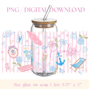 May include: A clear glass tumbler with a bamboo lid and glass straw, featuring a wrap design with pink vertical stripes and coastal icons including a surfboard, anchor, bikini, beach chair, seashells, and flowers. Text reads PNG / DIGITAL DOWNLOAD.