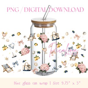 May include: A clear glass can with a bamboo lid and glass straw, featuring a wrap design of pink hydrangeas, lemons, blueberries, beach chairs, tote bags, sailboats, seashells, and bows. Text reads PNG DIGITAL DOWNLOAD and 16oz glass can wrap.