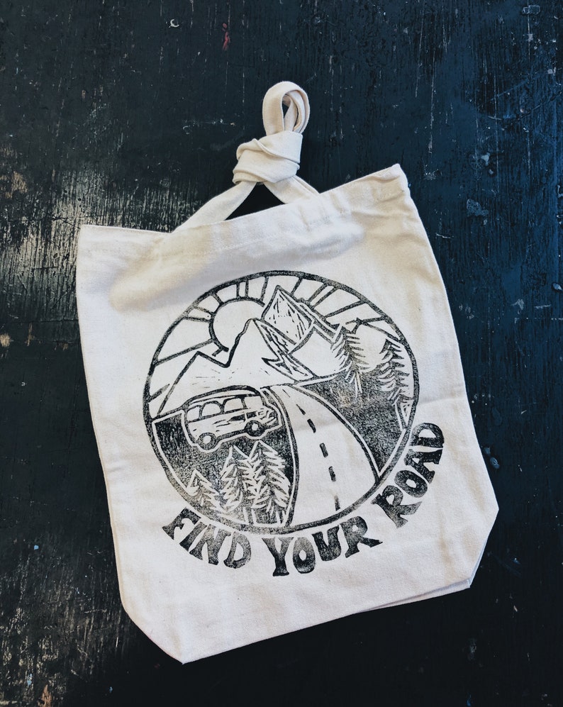 Find Your Road canvas tote bag block printed