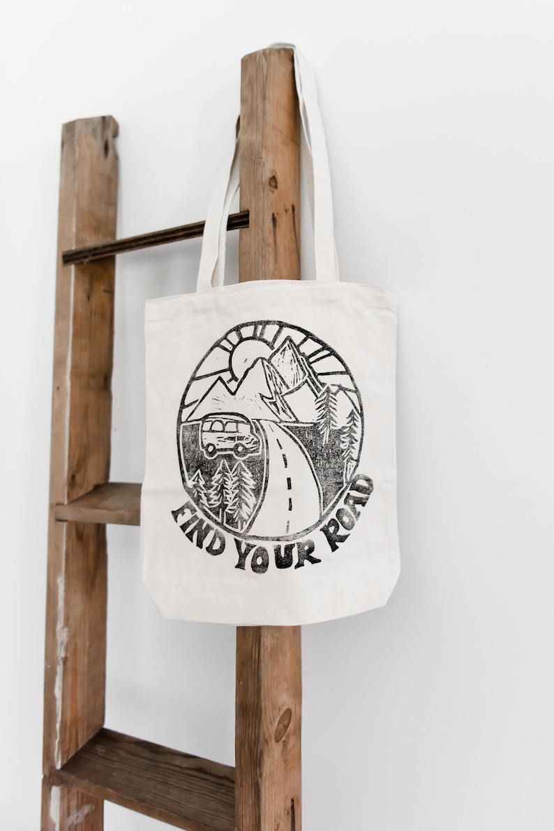 Find Your Road canvas tote bag block printed