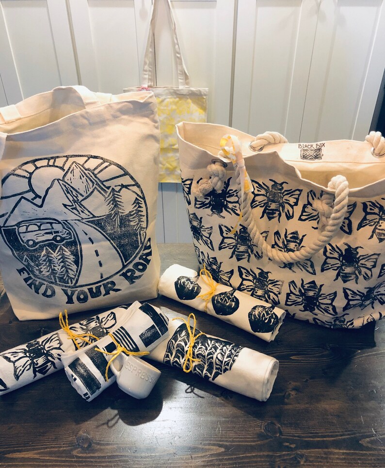Find Your Road canvas tote bag block printed