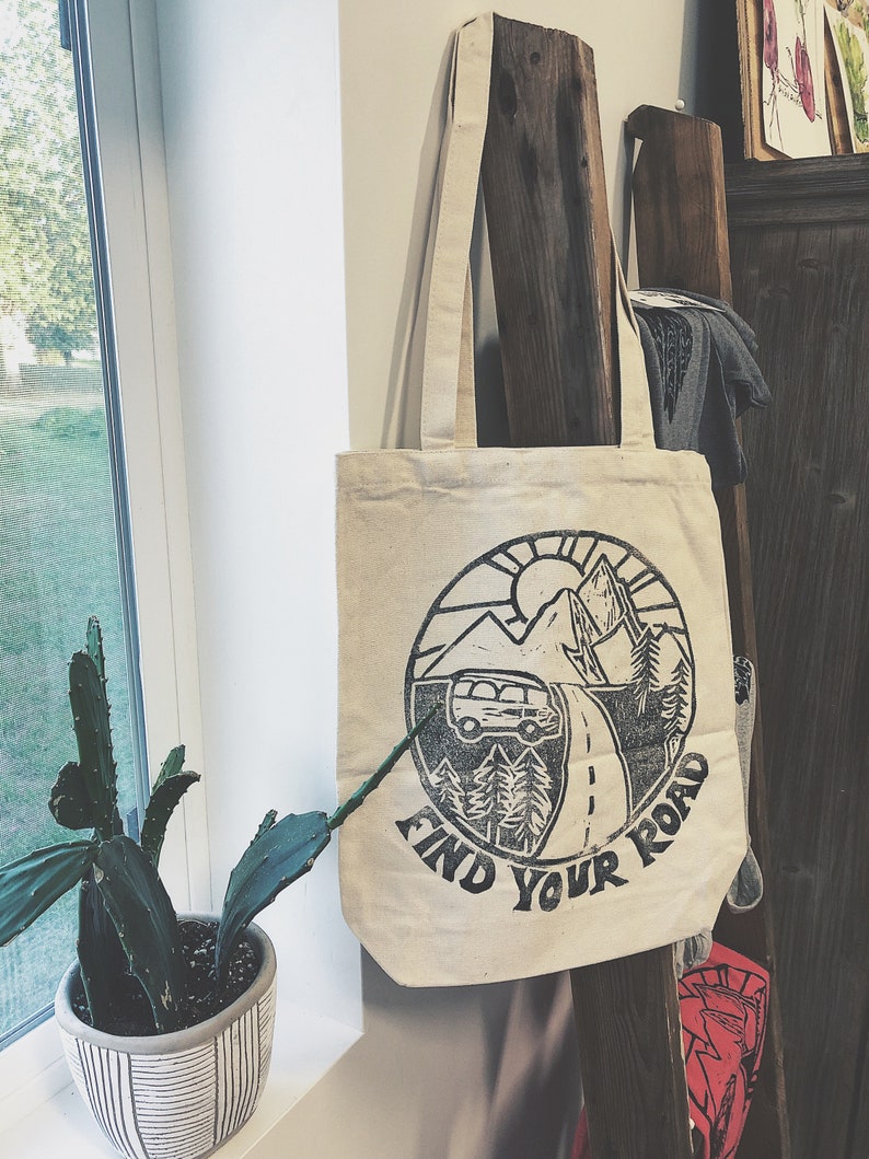 Find Your Road canvas tote bag block printed