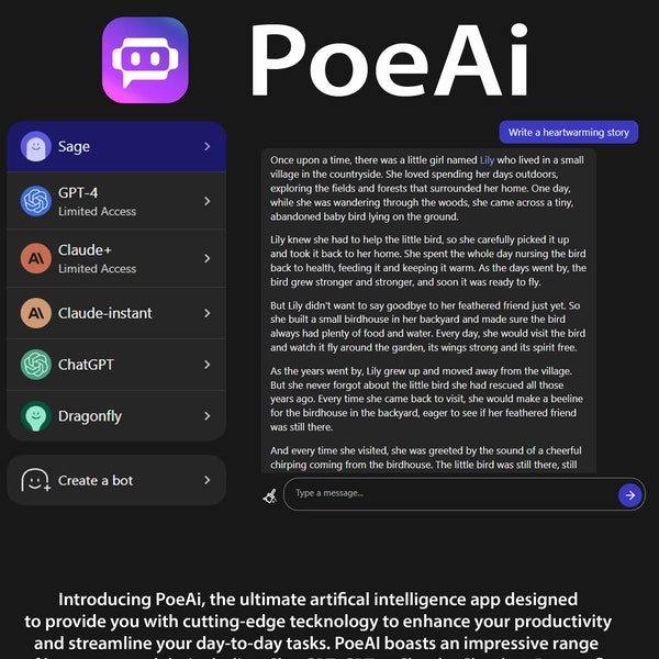 PoeAI/ GPT-4 /Claude/Sage/Dragonfly Windows App: Simple, Fast | Ai Productivity | Ai prompts | Chatgpt prompts | Bard | Digital interface