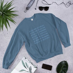 May include: A blue sweatshirt with a pattern of binary code printed on the front. The code reads: 01101000 01100101 01110100 01110100 01110111 00100000 01110111 01101111 01110010 01101100 01110000 00100000 00111010 00101001
