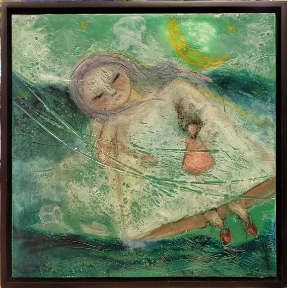 Original mixed media art, framed encaustic painting by Teresa Kershaw, wax art, original art, whimsical, dreamy, doll