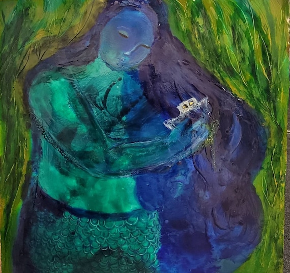 Encaustic Painting- Original Art, coastal, blue, mermaid, wax art, sea art, ocean art,  Beeswax  - Oil Painting, jellyfish, sea, ocean