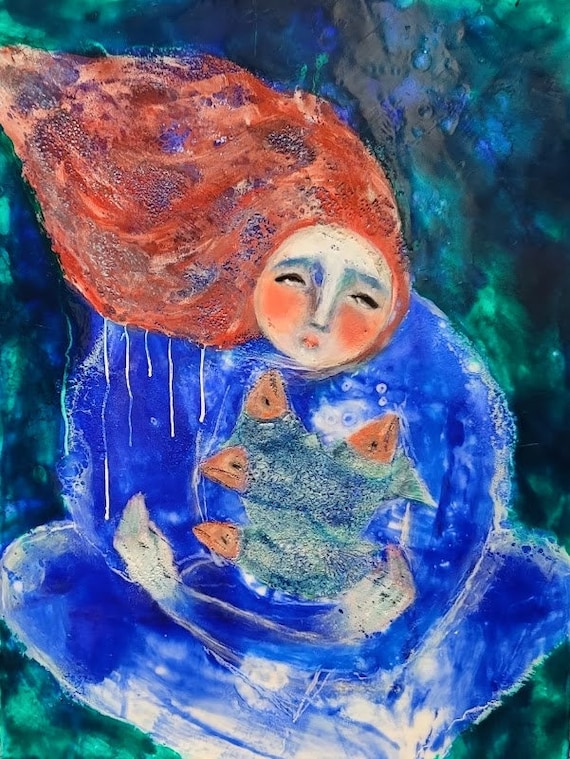 Encaustic Painting- Original Art, coastal, blue, wax art, sea art, portrait,  Beeswax  - Oil Painting, Alaskan art, contemporary encaustic