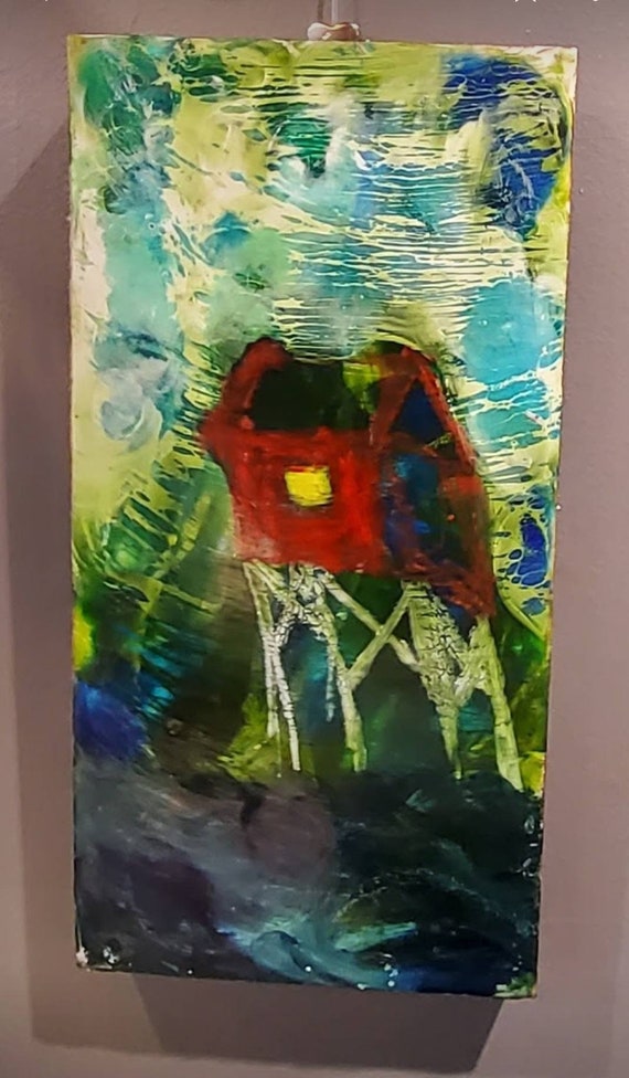 Coastal encaustic painting, dreamy, encaustic painting by Teresa Kershaw -original art, mixed media art,  ocean, wind