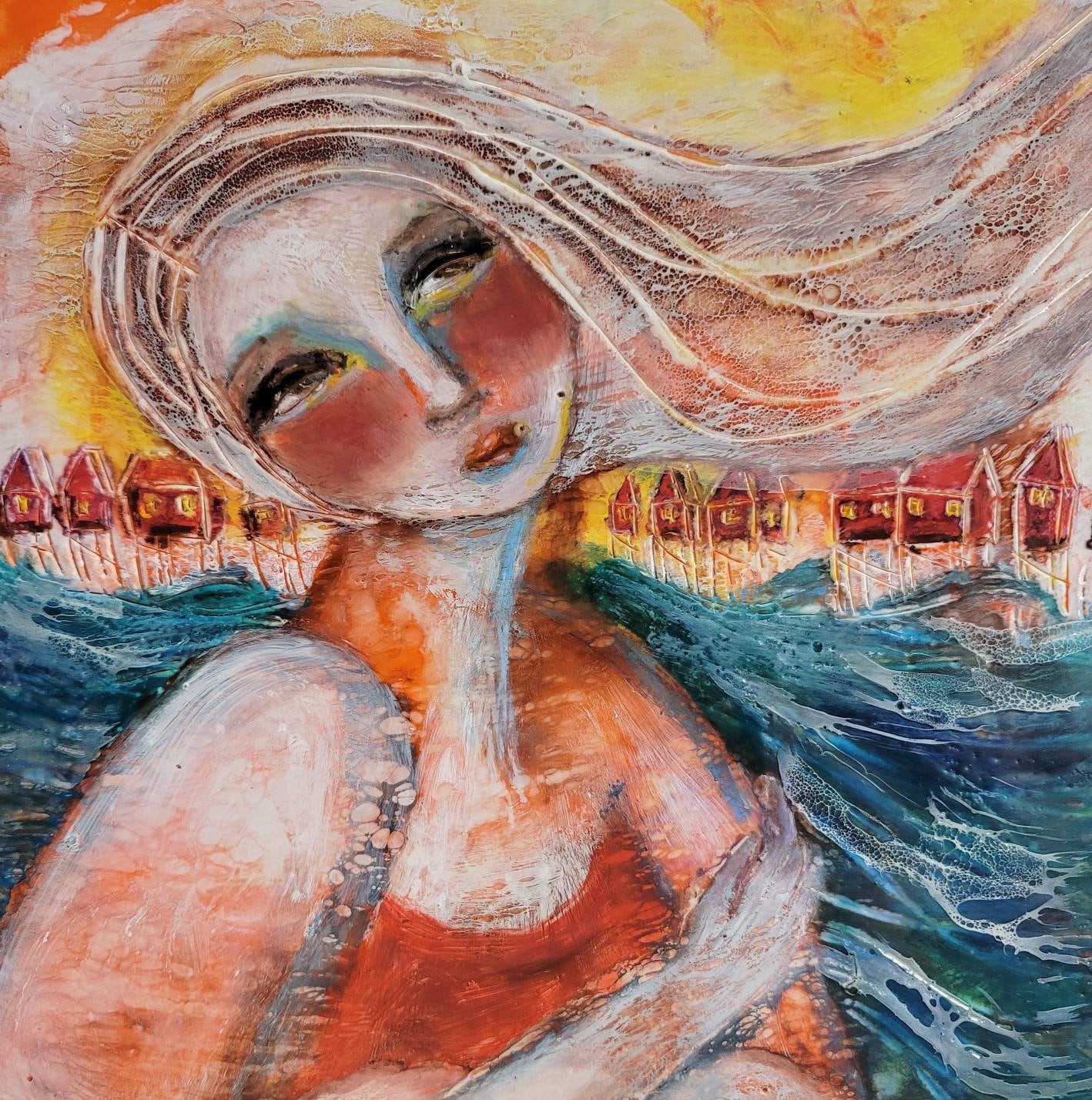 Coastal encaustic paintingblue, encaustic painting by Teresa Kershaw