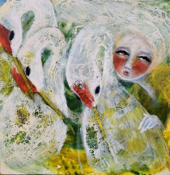 Encaustic Painting- Original Art, coastal, blue, wax art, sea art, portrait,  Beeswax  - Oil Painting, birds, cranes