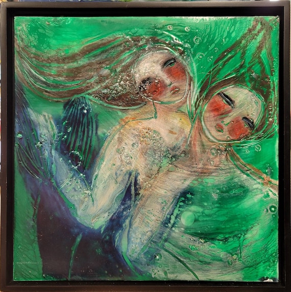 Original mixed media art, framed encaustic painting by Teresa Kershaw, wax art, original art, sisters, mermaids