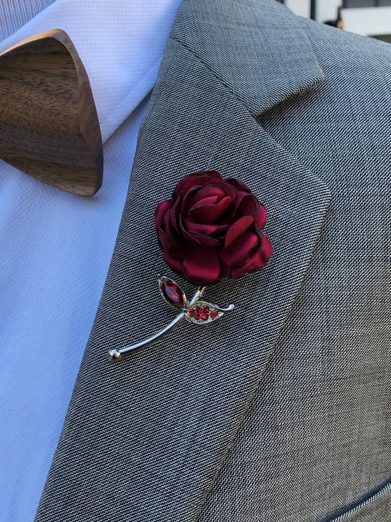 Rose Flower Red Lapel Pin, Enamel Pin, Wedding Lapel Pin Flower, Groomsmen Green Wedding Boutonniere Lapel Pin image 3