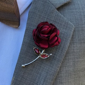 Rose Flower Red Lapel Pin, Enamel Pin, Wedding Lapel Pin Flower, Groomsmen Green Wedding Boutonniere Lapel Pin image 1