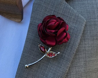 Rose Flower Red Lapel Pin, Enamel Pin, Wedding Lapel Pin Flower, Groomsmen Green Wedding Boutonniere Lapel Pin