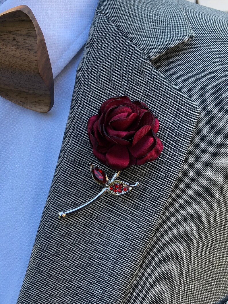Rose Flower Red Lapel Pin, Enamel Pin, Wedding Lapel Pin Flower, Groomsmen Green Wedding Boutonniere Lapel Pin image 1