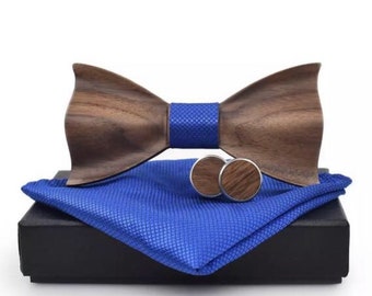 Noeud papillon en bois bleu, boutons de manchette et ensemble carré de poche. Ensembles de nœud papillon de mariage avec la boîte de cadeau