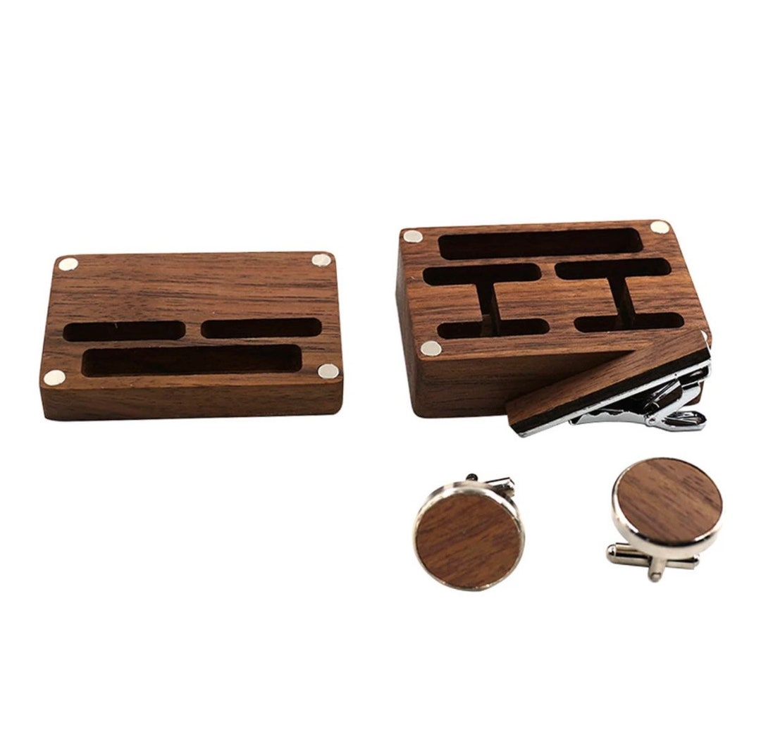 wooden tie clip and cufflinks