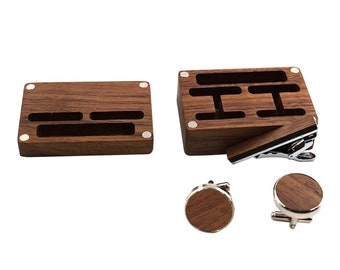 Wooden cufflinks tie clip set in a wood gift box- Custom Wood cuff link and necktie bar clip, Christmas gift