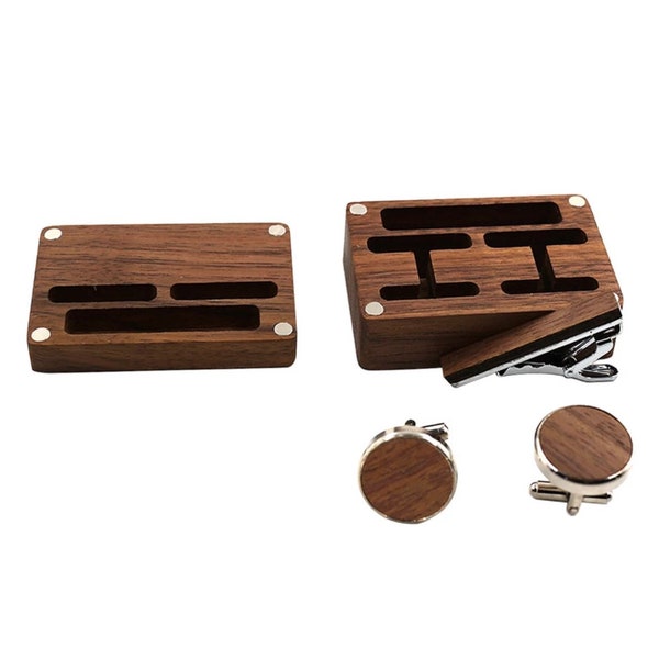 Wooden cufflinks tie clip set in a wood gift box- Custom Wood cuff link and necktie bar clip, Christmas gift