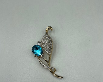 Vintage Crystals Blue Rhinestone Brooch  Lapel Pin Women Accessories Flower Leaf Pins