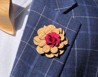 Wooden Lapel Pin, Wood Enamel Pin, Wood Wedding Lapel Pin Flower, Groomsmen Wedding Boutonniere Lapel Pin