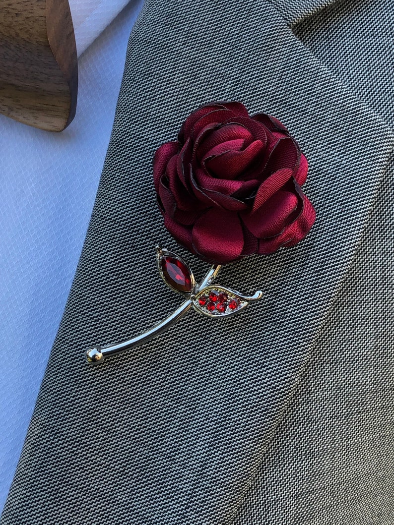 Rose Flower Red Lapel Pin, Enamel Pin, Wedding Lapel Pin Flower, Groomsmen Green Wedding Boutonniere Lapel Pin image 2