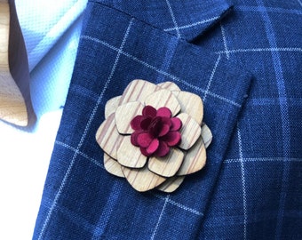 Épingle en bois de revers, pin d'émail en bois, fleur d'épingle de revers de mariage en bois, marié mariage Boutonniere Lapel Pin