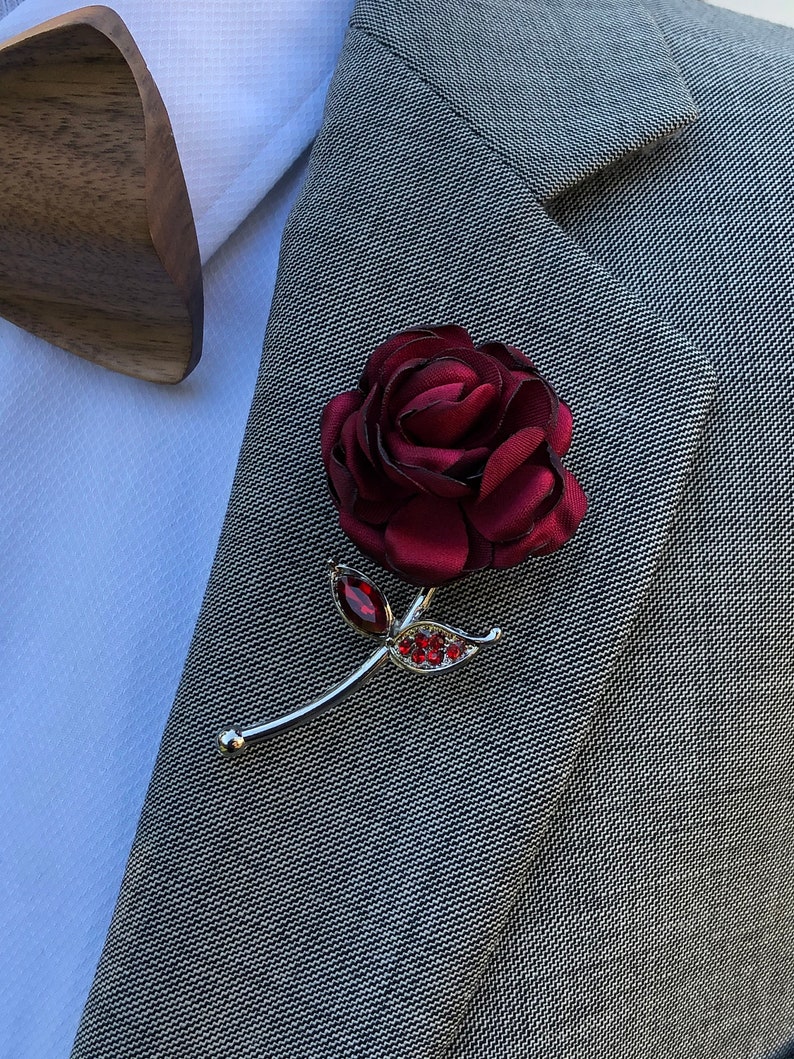 Rose Flower Red Lapel Pin, Enamel Pin, Wedding Lapel Pin Flower, Groomsmen Green Wedding Boutonniere Lapel Pin image 4