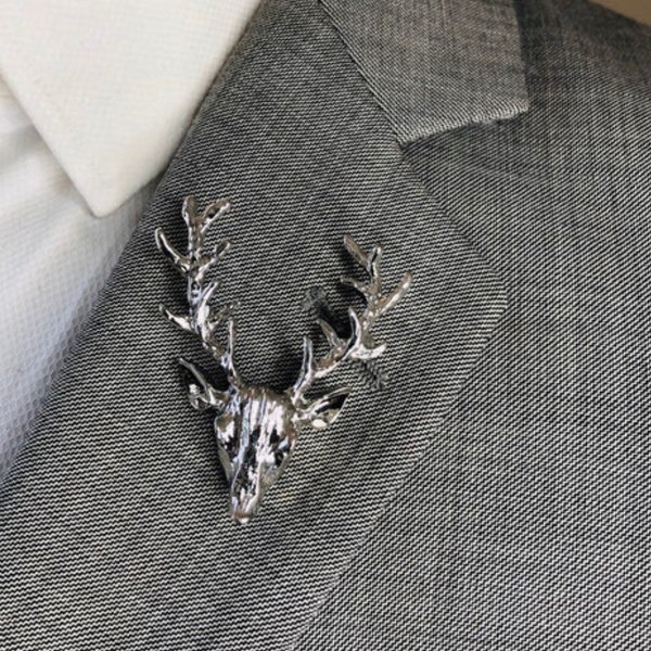Silver Deer Antlers Head Lapel Pin