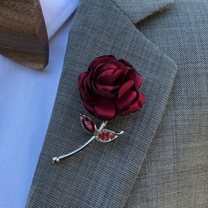 Rose Flower Red Lapel Pin, Enamel Pin, Wedding Lapel Pin Flower, Groomsmen Green Wedding Boutonniere Lapel Pin image 5