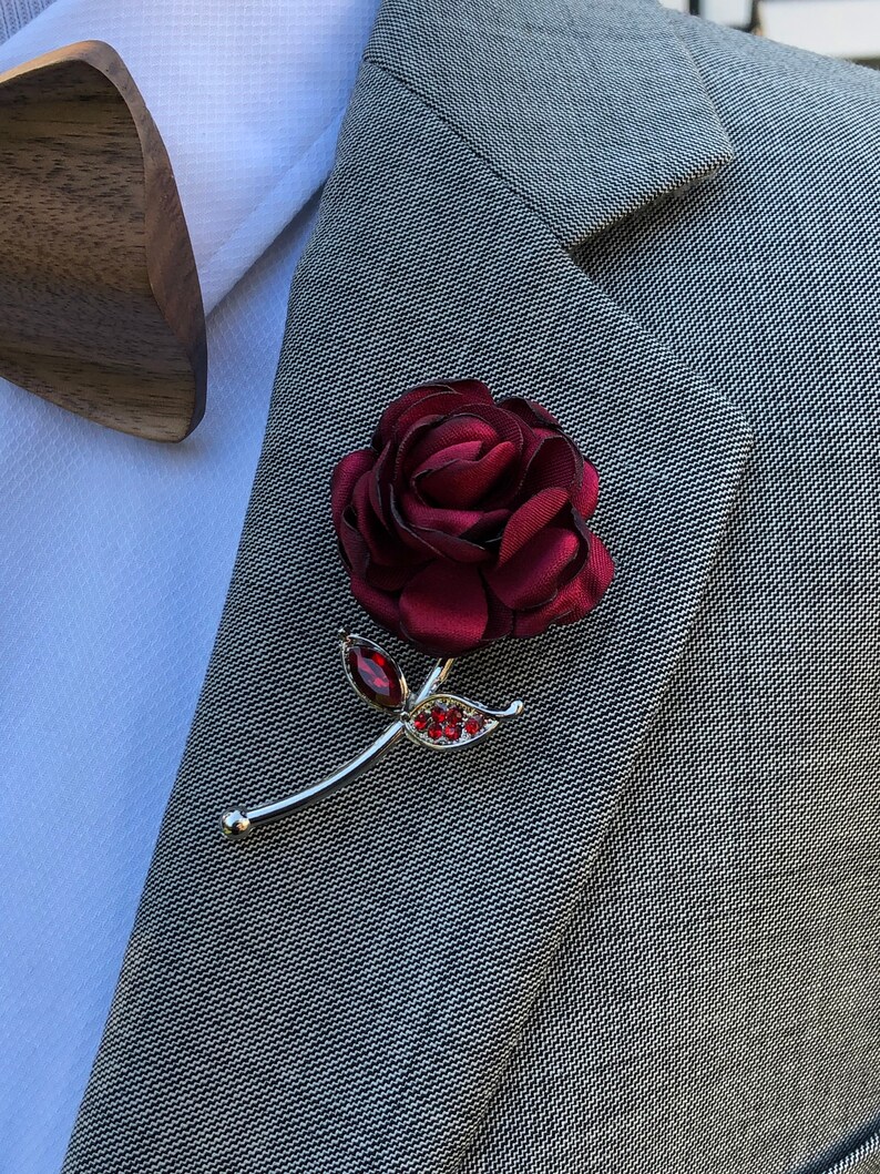 Rose Flower Red Lapel Pin, Enamel Pin, Wedding Lapel Pin Flower, Groomsmen Green Wedding Boutonniere Lapel Pin image 5