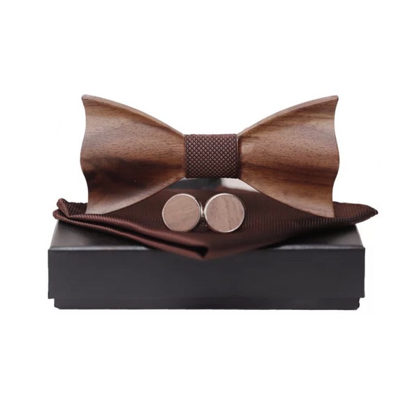 Brown wooden bow tie, cufflinks and pocket square set. Wedding Bowtie sets with gift box