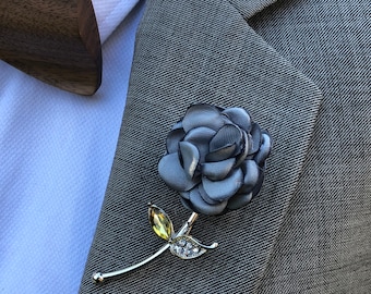 Rose Flower Gray Lapel Pin, Enamel Pin, Wedding Lapel Pin Flower, Groomsmen Green Wedding Boutonniere Lapel Pin