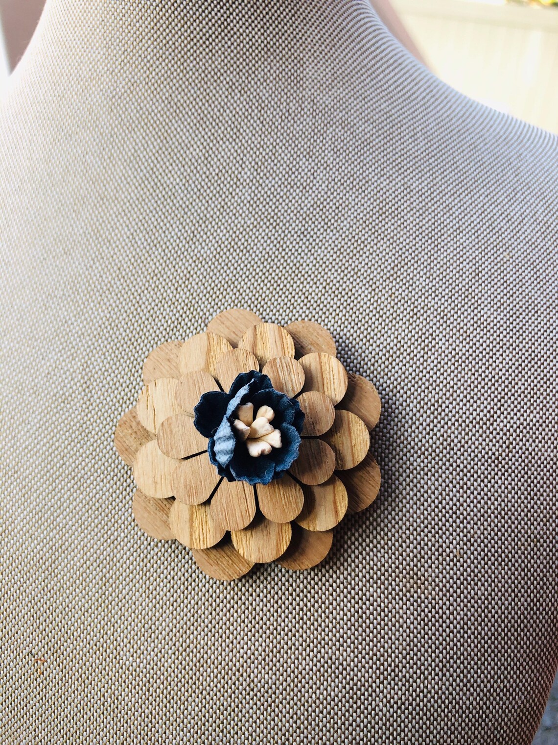 Wooden Blue Flower Lapel Pin Etsy
