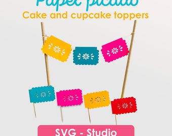 May include: Colorful papel picado cake and cupcake toppers. The toppers feature rectangular flags in yellow, teal, pink, and red, each with a floral design. The text "Papel picado" and "Cake and cupcake toppers" are displayed at the top.