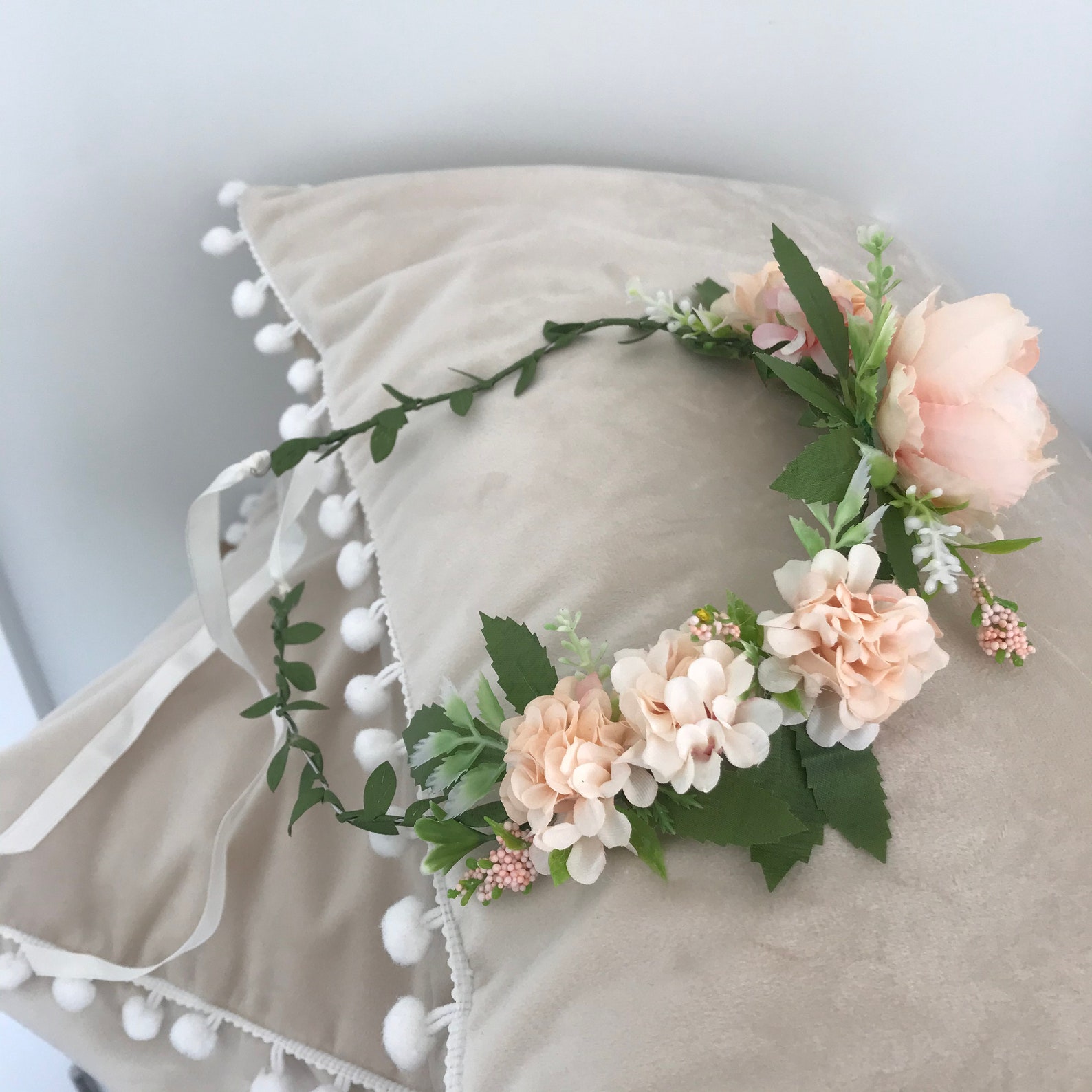 Artificial flower crown pale pink and green Etsy