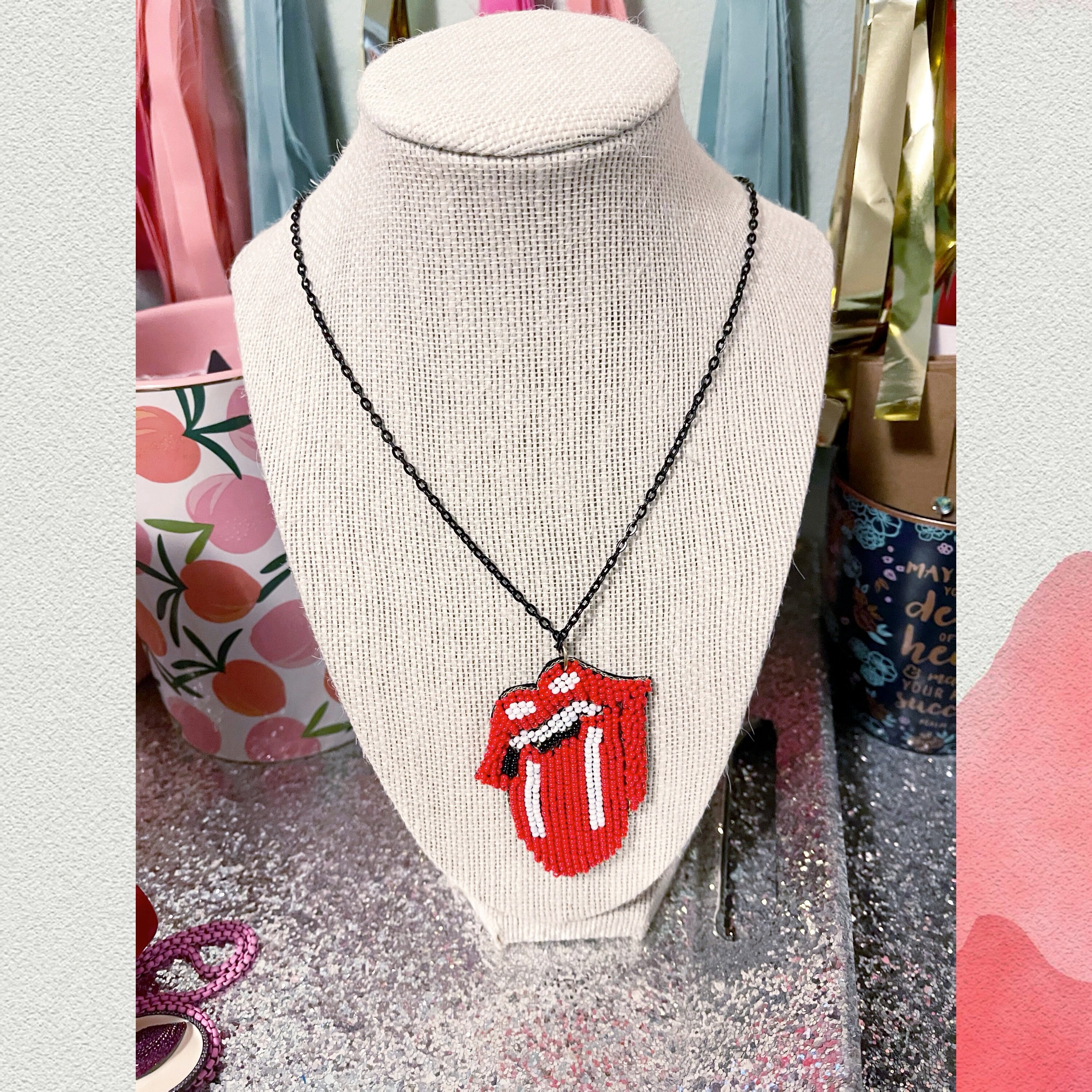 Kiss/Tongue Necklace Black Chain Etsy