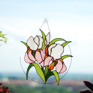 Stained Glass White Pink irises with Leaves, Floral Window hanging, Handmade Home Decor, Nature Insipred Suncather, 10x10&#39;&#39;