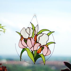 Stained Glass Pink iris Window hanging Home Decor Suncatcher Leaf Garden Window Art Christmas Gift Cling Ornament Flower decoration