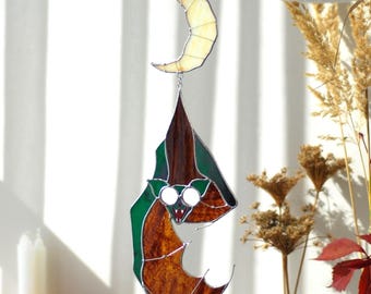 Handmade Bat Crescent Moon Stained Glass Suncatcher 14.5x5 In, Witchy Gothic Window Hangings