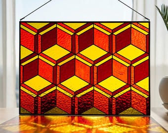 3D Geometric Stained Glass Panel, Cube Illusion Suncatcher, Mid Century Window Decor 15.5 x 11.5 in.