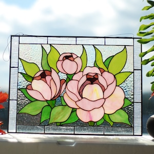 Stained glass panel Pink Peony flower Stained glass window hangings  Stained glass suncatchers Custom stained glass Large stained glass