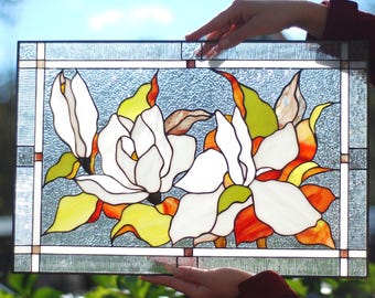 Handmade White Magnolia Window Panel 16x11 In, Hand-Cut Stained Glass Suncatcher, Southern Statement Art
