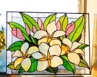 Plumeria Stained Glass Panel: Frangipani Suncatcher, 11.5