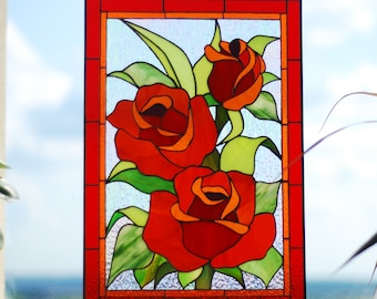 Handmade Red Rose Window Panel 11.5x15 In, Stained Glass Wall Hanging Romantic Anniversary Gift