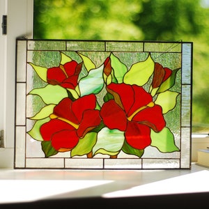 Red Hibiscus Stained Glass Panel - Floral Window Hangings, Custom Suncatcher Handmade Easter decor Tiffany glass art