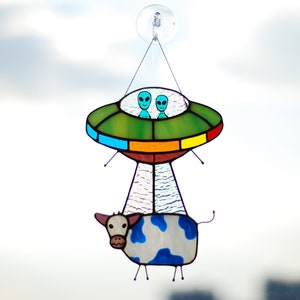 Stained glass UFO Abduction a cow Stained glass window hangings Stained glass suncatchers Stained glass decor Funny gift Form Ukraine image 5