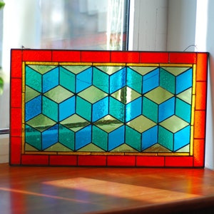 Geometric Stained Glass Panel: 3D Cube Window Hanging (10x17 inches)